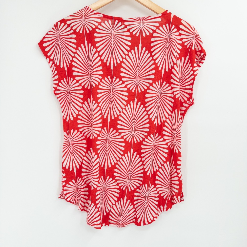 Joie Linen Top Womens Large Red White Palm Leaf Print Short Sleeve Scoop Neck‎ - Picture 6 of 8
